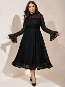 Comfylo Plus Mock Neck Flounce Sleeve Mesh Dress Fall New Year Christmas Cocktail Evening Date Night Formal Party Black Elegant - Black - View 1