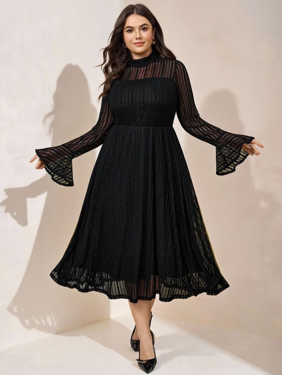Comfylo Plus Mock Neck Flounce Sleeve Mesh Dress Fall New Year Christmas Cocktail Evening Date Night Formal Party Black Elegant - Black - View 1