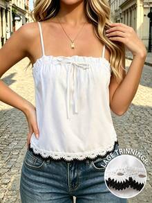 Cévolie Contrast Color Wavy Lace Trim Camisole Loose Cropped Waist-Baring Tank Top Vacation Style - White - View 7