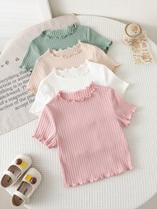 Emery Rose Kids Emery Rose Kids Young Girls 4pcs/Set Young Girl Summer Cute Solid Color Ruffle Hem Short Sleeve Top, Summer, Summer Tops, Tank To - Mint Green - View 3