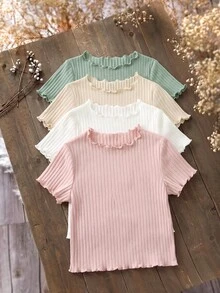 Emery Rose Kids Emery Rose Kids Young Girls 4pcs/Set Young Girl Summer Cute Solid Color Ruffle Hem Short Sleeve Top, Summer, Summer Tops, Tank To - Mint Green - View 1