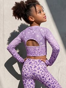1set Young Girls Slim Fit Knitted Purple Gradient Leopard Print Long Sleeve Pants Workout Set, Suitable For Gymnastics, Dance, Indoor Sports Training, Stage Performance, Spring, Summer, All Seasons Indoor - Purple - View 1