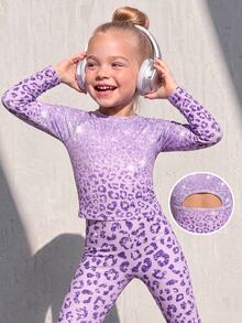 1set Young Girls Slim Fit Knitted Purple Gradient Leopard Print Long Sleeve Pants Workout Set, Suitable For Gymnastics, Dance, Indoor Sports Training, Stage Performance, Spring, Summer, All Seasons Indoor - Purple - View 3