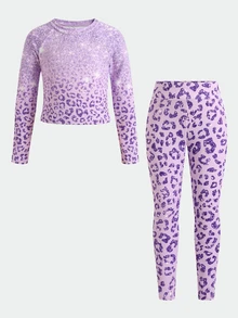 1set Young Girls Slim Fit Knitted Purple Gradient Leopard Print Long Sleeve Pants Workout Set, Suitable For Gymnastics, Dance, Indoor Sports Training, Stage Performance, Spring, Summer, All Seasons Indoor - Purple - View 4