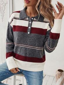 Trelyra Polo Collar Dark Grey Patchwork Loose Pullover Sweater, Fall/ School Retro Casual Preppy Office Business - Grey - View 5