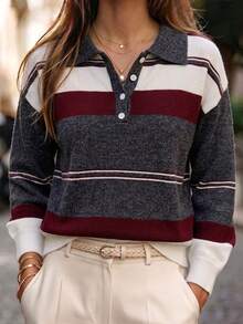 Trelyra Polo Collar Dark Grey Patchwork Loose Pullover Sweater, Fall/ School Retro Casual Preppy Office Business - Grey - View 1