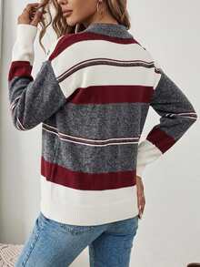 Trelyra Polo Collar Dark Grey Patchwork Loose Pullover Sweater, Fall/ School Retro Casual Preppy Office Business - Grey - View 2