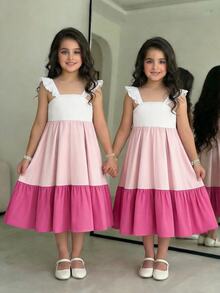 SHEIN Young Girl Casual Patchwork Color Block Cap Sleeve Round Neckline Picnic Dress,Light Pink,Summer,Fairy,First Birthday,Holiday - Pink - View 4