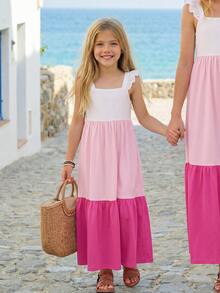 SHEIN Young Girl Casual Patchwork Color Block Cap Sleeve Round Neckline Picnic Dress,Light Pink,Summer,Fairy,First Birthday,Holiday - Pink - View 1