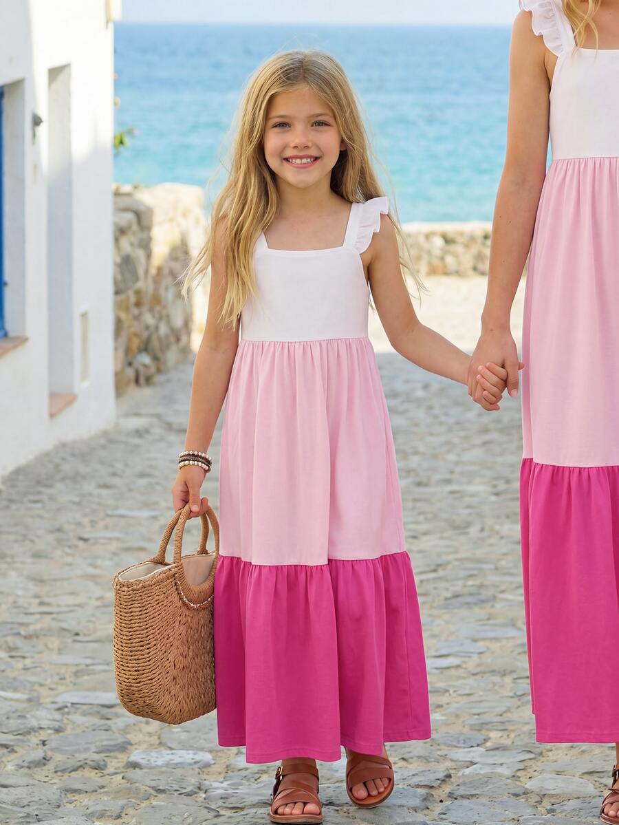 SHEIN Young Girl Casual Patchwork Color Block Cap Sleeve Round Neckline Picnic Dress,Light Pink,Summer,Fairy,First Birthday,Holiday - Pink - View 1
