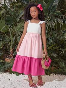 SHEIN Young Girl Casual Patchwork Color Block Cap Sleeve Round Neckline Picnic Dress,Light Pink,Summer,Fairy,First Birthday,Holiday - Pink - View 2