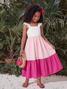 SHEIN Young Girl Casual Patchwork Color Block Cap Sleeve Round Neckline Picnic Dress,Light Pink,Summer,Fairy,First Birthday,Holiday - Pink - View 3