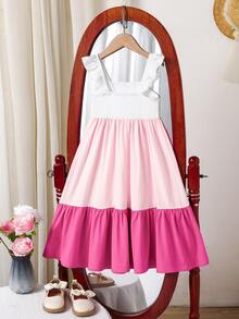 SHEIN Young Girl Casual Patchwork Color Block Cap Sleeve Round Neckline Picnic Dress,Light Pink,Summer,Fairy,First Birthday,Holiday - Pink - View 6
