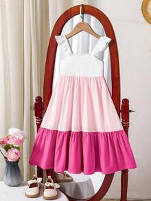 SHEIN Young Girl Casual Patchwork Color Block Cap Sleeve Round Neckline Picnic Dress,Light Pink,Summer,Fairy,First Birthday,Holiday - Pink - View 7