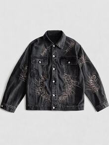 ROMWE MEN Men's Autumn Casual Embroidered Denim Jacket - Black - View 5