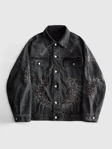 ROMWE MEN Men's Autumn Casual Embroidered Denim Jacket - Black - View 1