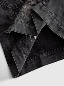 ROMWE MEN Men's Autumn Casual Embroidered Denim Jacket - Black - View 6