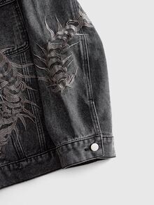 ROMWE MEN Men's Autumn Casual Embroidered Denim Jacket - Black - View 4