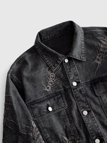 ROMWE MEN Men's Autumn Casual Embroidered Denim Jacket - Black - View 3