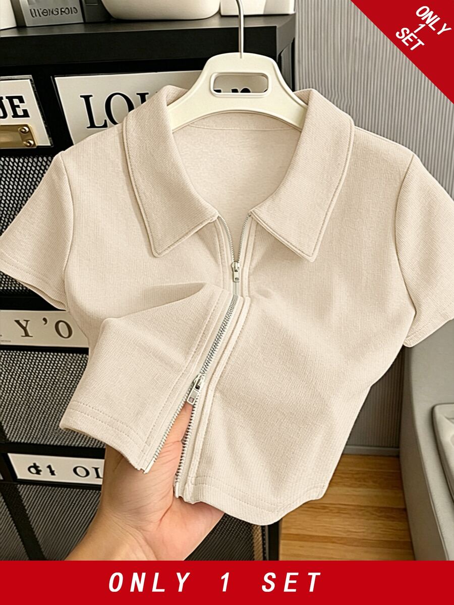 Women's Solid Color Short Sleeve Zipper Front Casual Preppy Top Office Everyday Beige Summer Ramdom Item Only - Apricot - View 1
