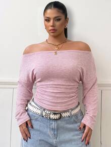 Muchica Pink Plus Size Pleated Korean Street Style Long Sleeve T-Shirt Fall - Pink - View 1
