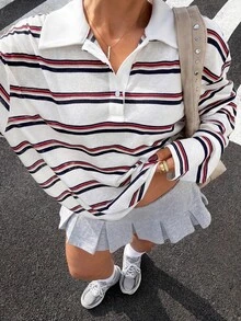 Muchica Plus Size Women's Striped Colorblock Casual Versatile Everyday T-Shirt Fall - Multicolor - View 6