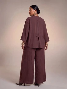 Zivah Plus Size Women Solid Color New Chinese Style Top And Pants Casual Elegant 2 Pieces Set Fall Brunch Party Brown - Brown - View 2