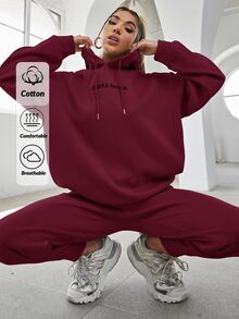 SHEIN هودي وبنطال رياضي من القطن بتطريز حرفي وأكتاف منسدلة وحبل شد، كاجوال أنيق للعطلات والجيم باللون البرغندي - عنابي اللون - مشاهدة 1