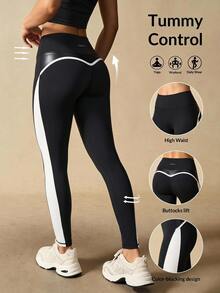 VARSIVA Women's Contrast Color High Waist Slim Fit Tight Sports Leggings - Black and White - View 2