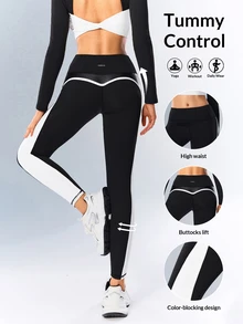 VARSIVA Women's Contrast Color High Waist Slim Fit Tight Sports Leggings - Black and White - View 7