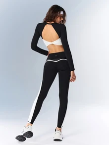 VARSIVA Women's Contrast Color High Waist Slim Fit Tight Sports Leggings - Black and White - View 8