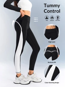 VARSIVA Women's Contrast Color High Waist Slim Fit Tight Sports Leggings - Black and White - View 11