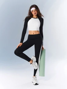 VARSIVA Women's Contrast Color High Waist Slim Fit Tight Sports Leggings - Black and White - View 5