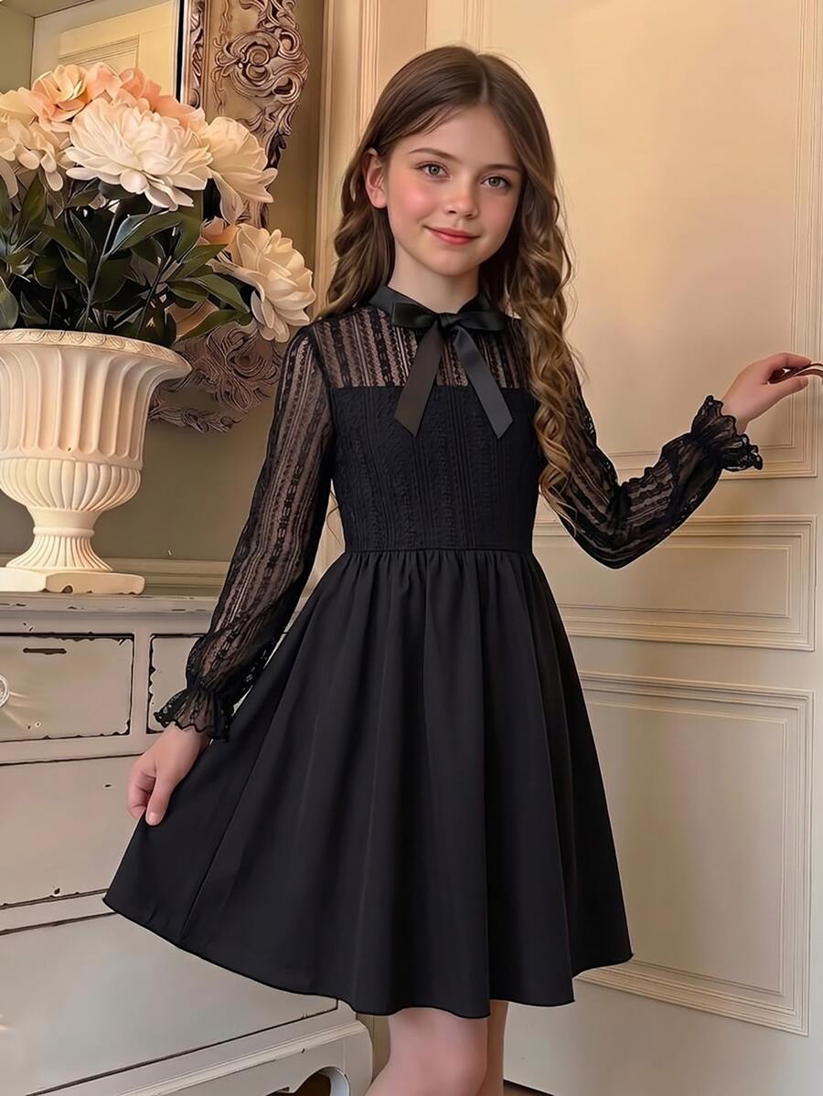 SHEIN Tween Girl Black Mini Black Dresses Homecoming Dress Fall Style US Fall Style Fall Outfits - Black - View 1