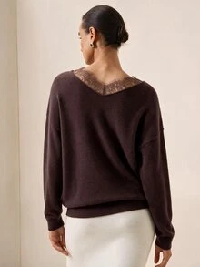 Briarwyn Fall/Winter Elegant French Solid Color V-Neck Lace Patchwork Sweater Brunch Day Time Going Out Office Cream White Sweater Tops - Brown - View 2