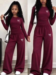 Tween Girls 2 Pcs White Ribbon Bow Ruched Waist Long Sleeve T-Shirt & Wide Leg Pants Set, Red Top, Winter Outfits - Multicolor - View 3