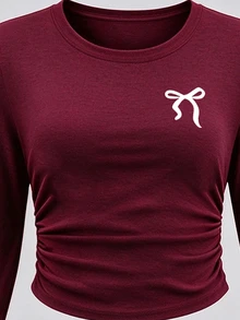 Tween Girls 2 Pcs White Ribbon Bow Ruched Waist Long Sleeve T-Shirt & Wide Leg Pants Set, Red Top, Winter Outfits - Multicolor - View 5