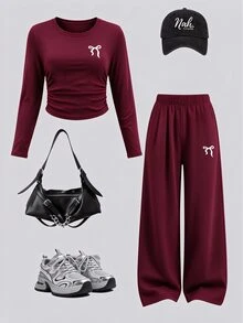 Tween Girls 2 Pcs White Ribbon Bow Ruched Waist Long Sleeve T-Shirt & Wide Leg Pants Set, Red Top, Winter Outfits - Multicolor - View 4