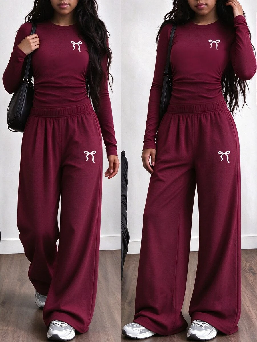 Tween Girls 2 Pcs White Ribbon Bow Ruched Waist Long Sleeve T-Shirt & Wide Leg Pants Set, Red Top, Winter Outfits - Multicolor - View 1