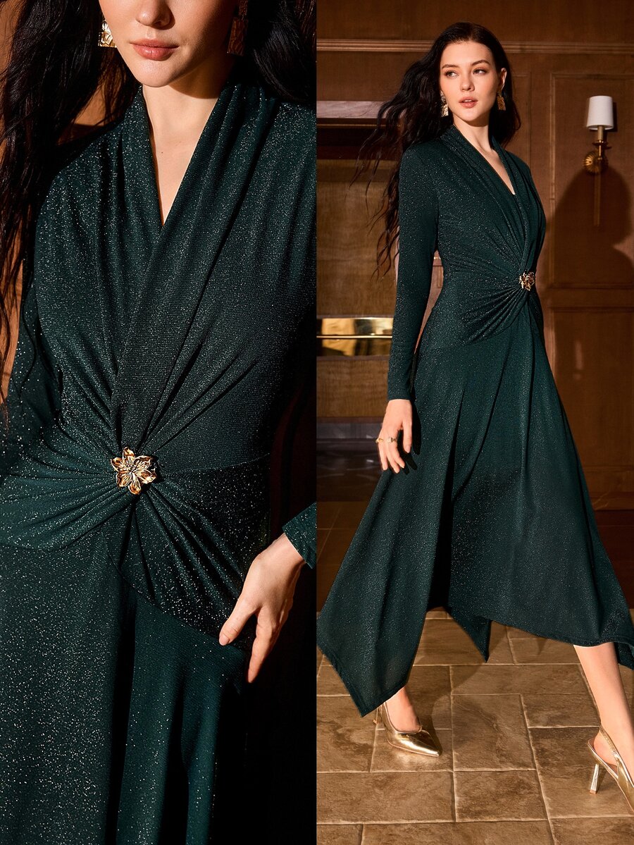 MOTF PREMIUM SHIMMERING SLIM FIT A-LINE FLARE HEM ELEGANT SLIMMING HIGH WAIST DRAPED PLEATED ASYMMETRICAL HEM WOMEN'S DRESS - Dark Green - View 1