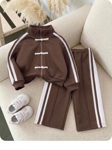 Baby Girl Frog Button Casual Long Sleeve Sweatshirt And Striped Colorblock Sweatpants Set - Rust Brown - View 3