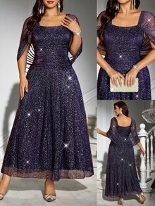 Reflora Plus Size Fashion Party Evening Night Formal Dinner Cocktail Sequin Dress Wedding Navy Blue Summer Elegant Celestial Sexy - Purple - View 3