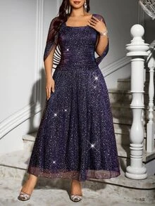 Reflora Plus Size Fashion Party Evening Night Formal Dinner Cocktail Sequin Dress Wedding Navy Blue Summer Elegant Celestial Sexy - Purple - View 4