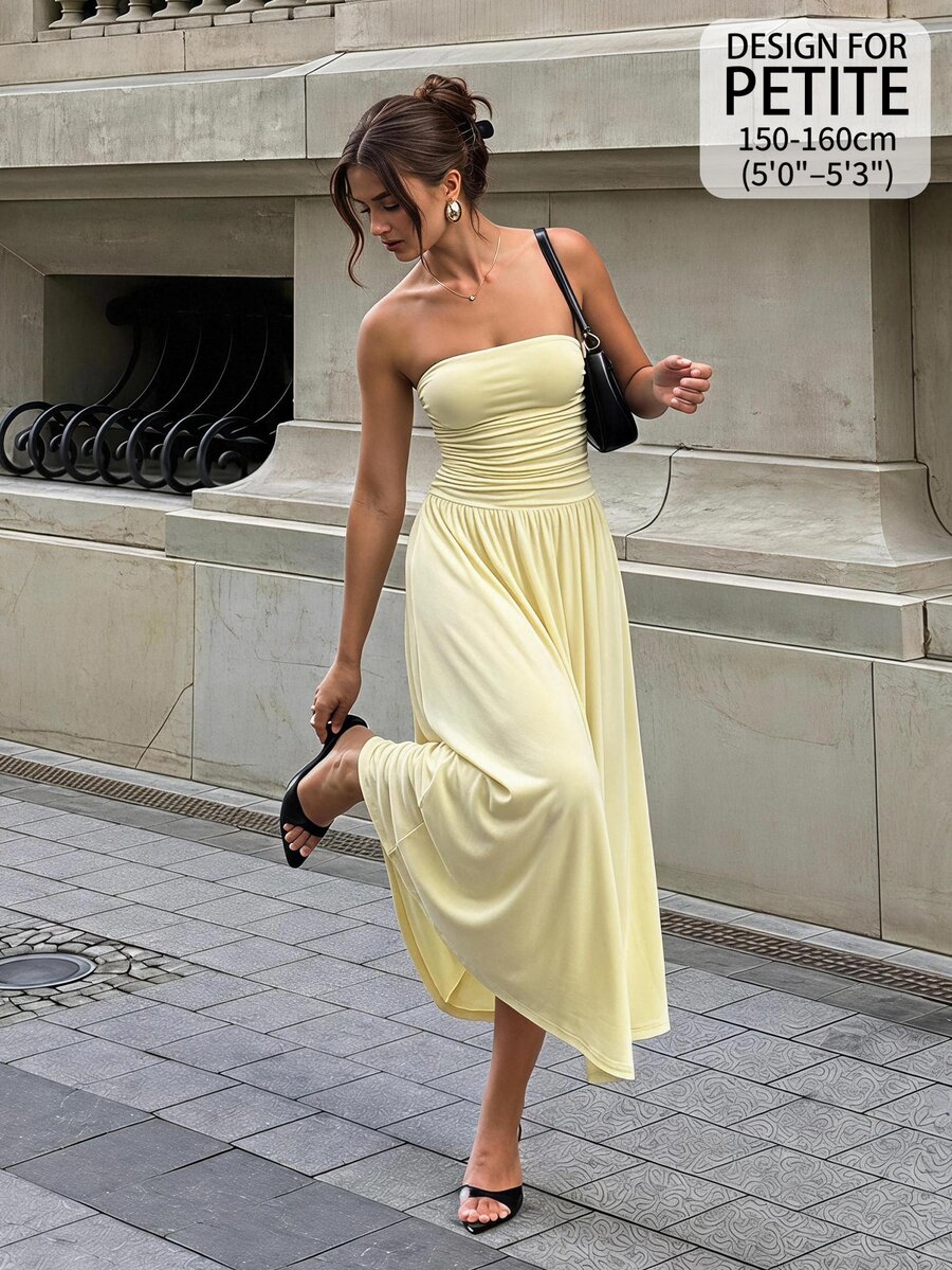 Sinnesro Women's Solid Color Ruched Fitted Tube Dress, Elegant Romantic For Summer Pale Yellow Dress,Petite Women Vacation - Yellow - View 1