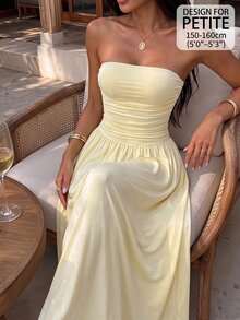 Sinnesro Women's Solid Color Ruched Fitted Tube Dress, Elegant Romantic For Summer Pale Yellow Dress,Petite Women Vacation - Yellow - View 3