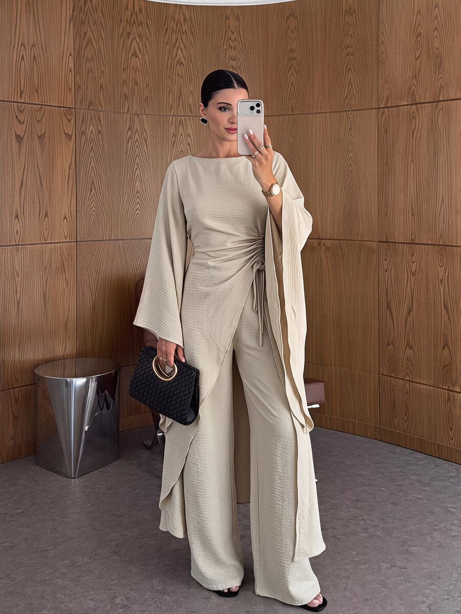 Siren Gaze Women's Asymmetrical Hem Drawstring Tie Shirt And Textured Long Pants 2 Pieces Set Dinner Garden Party Brunch Party Beige Elegant Fall - Apricot - View 1