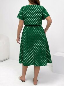 Shapeblank Plus Size Women's V-Neck Polka Dot Casual Everyday Summer Dress - Dark Green - View 3