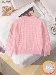 SHEIN 1件女款套頭毛衣，經典麻花編織純色時尚V領修身長袖中厚針織套頭衫，胸前黑色馬刺繡設計，舒適貼身，適合單穿，春秋必備，適合日常休閒穿著或外出 - 粉色 - 查看 2