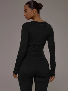 Musera Sport Wrap Front V-Neckline Doule Layered Long Sleeve Active Top Only Sport Workout Gym Pilates Fitness Daily Casual - Black - View 2