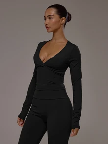 Musera Sport Wrap Front V-Neckline Doule Layered Long Sleeve Active Top Only Sport Workout Gym Pilates Fitness Daily Casual - Black - View 4